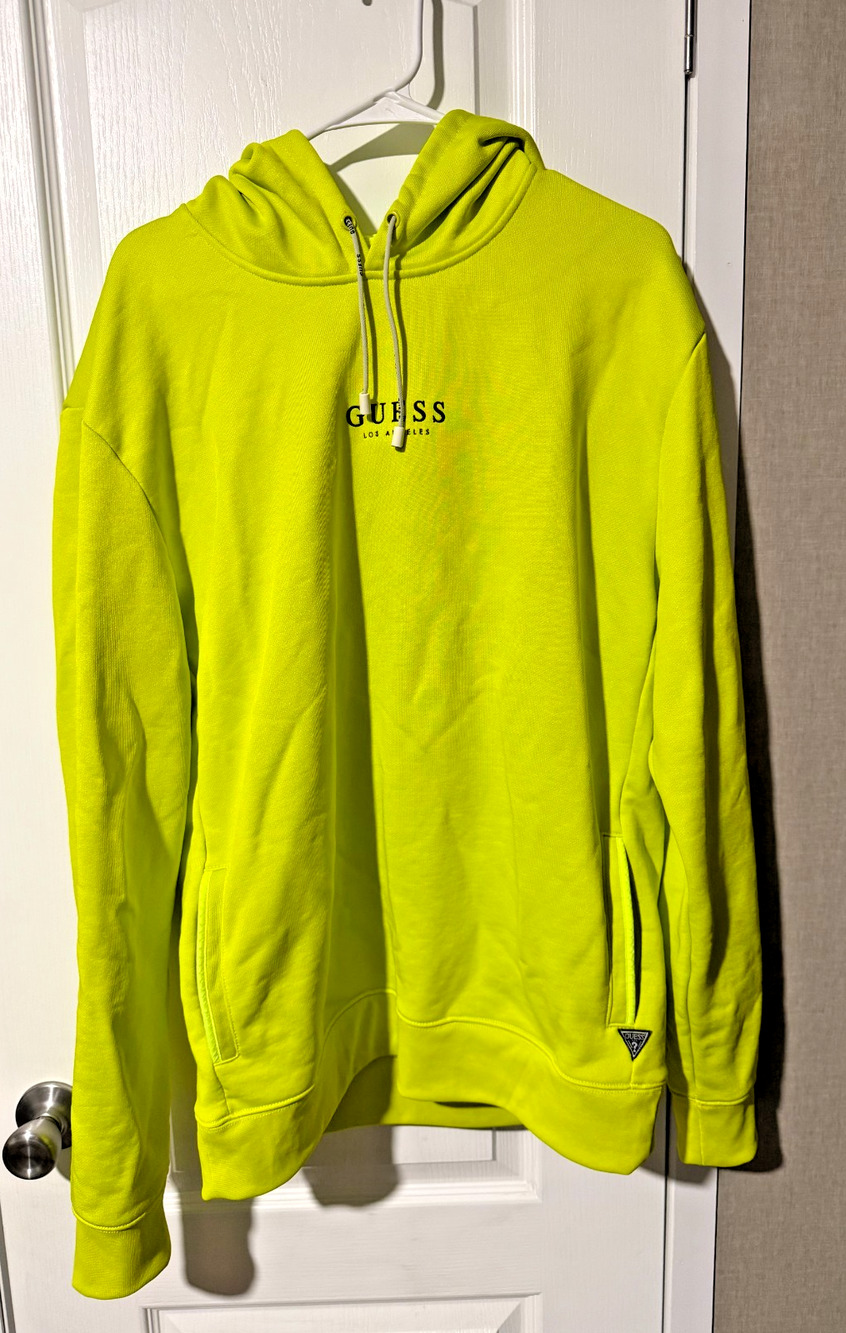GUESS Los Angeles Bright Neon Green Pullover Hoodie Embroidered Size XL